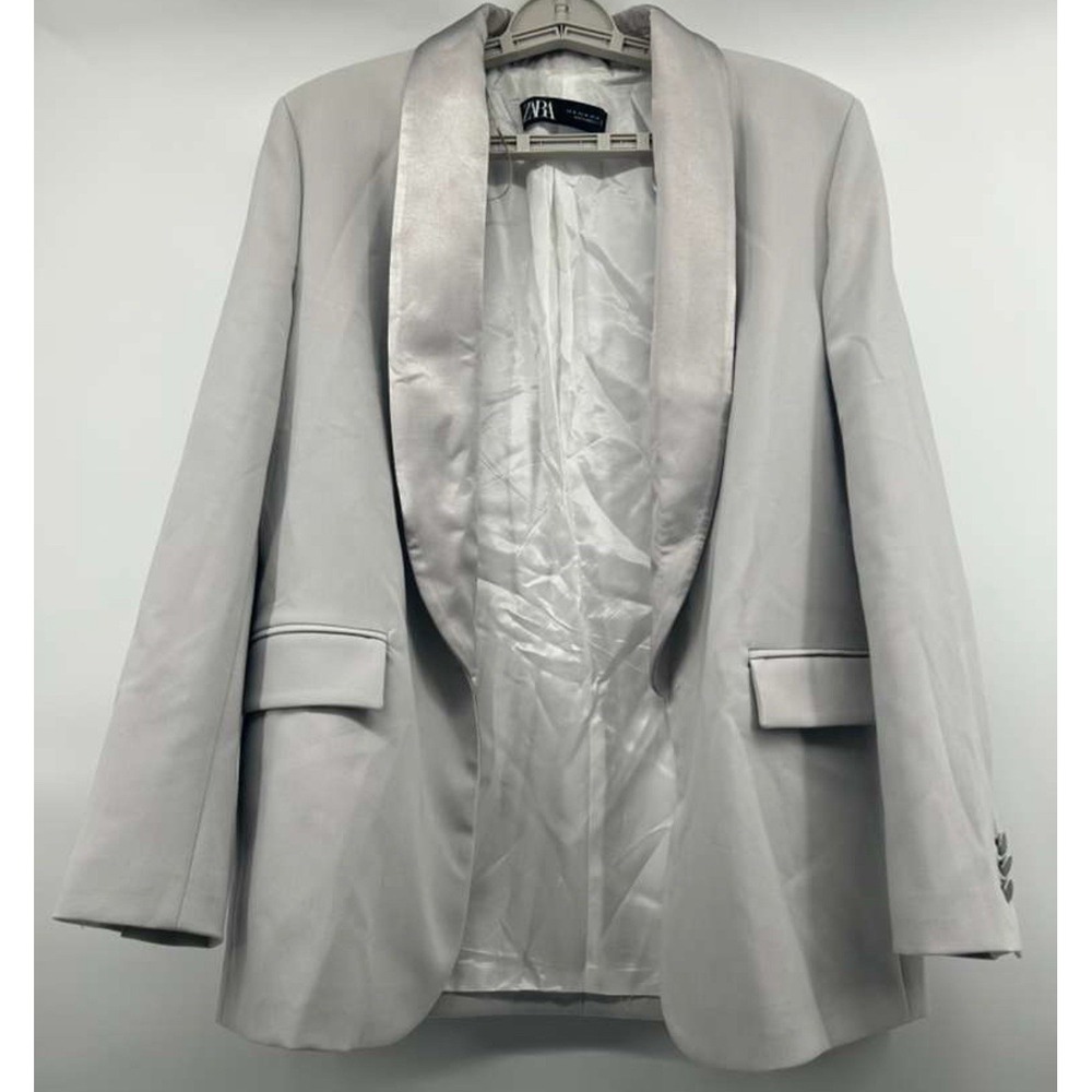 Zara Light Gray Satin-Trim Blazer